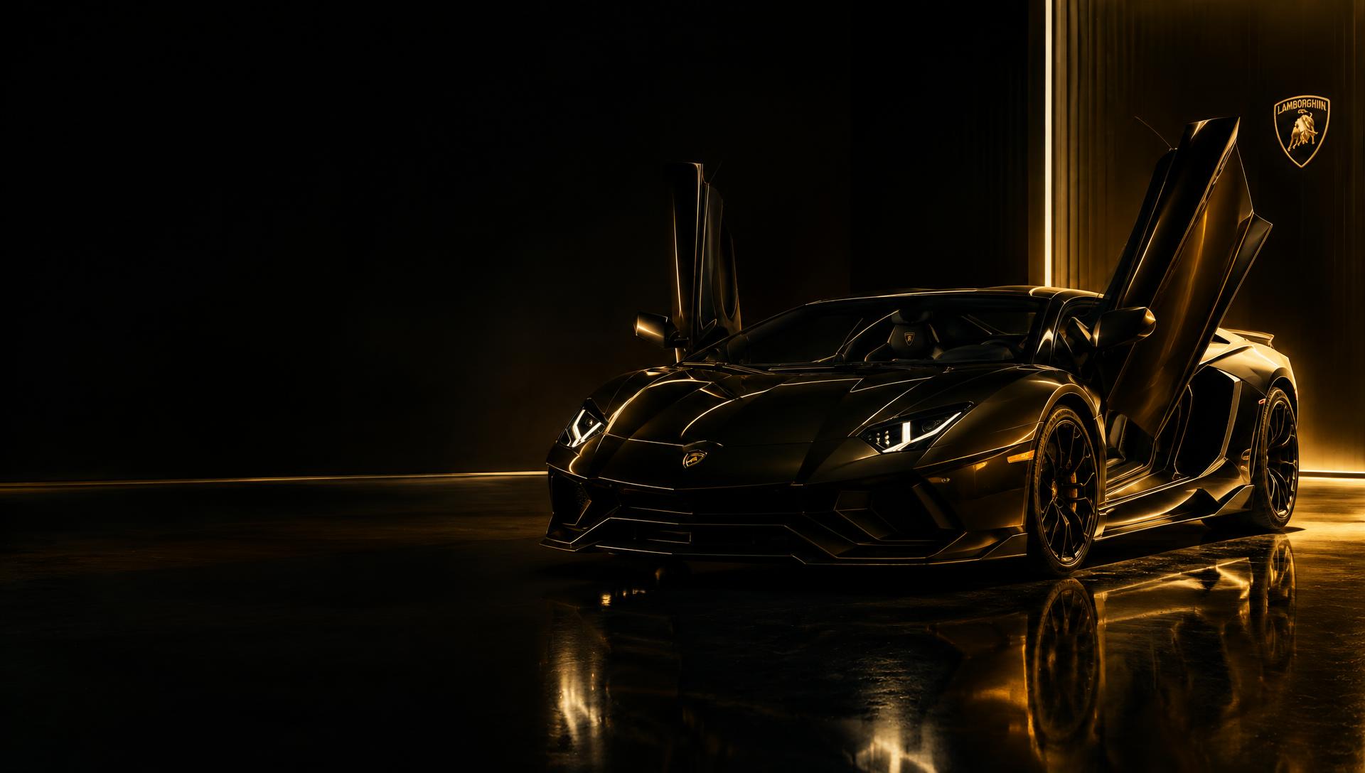 Black exotic supercar with scissor doors in a dark showroom with golden lighting